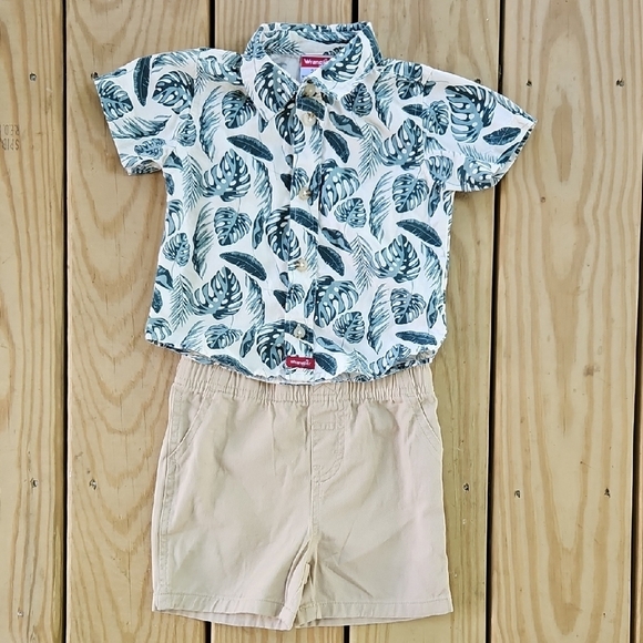 Wrangler Kids Leaf Print Shirt and Tan Shorts Set - Picture 1 of 12